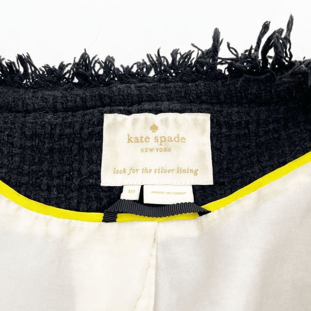Kate Spade Tweed Blazer Womens Size 10 Black Fringe Pocket Jeweled - Picture 3 of 4
